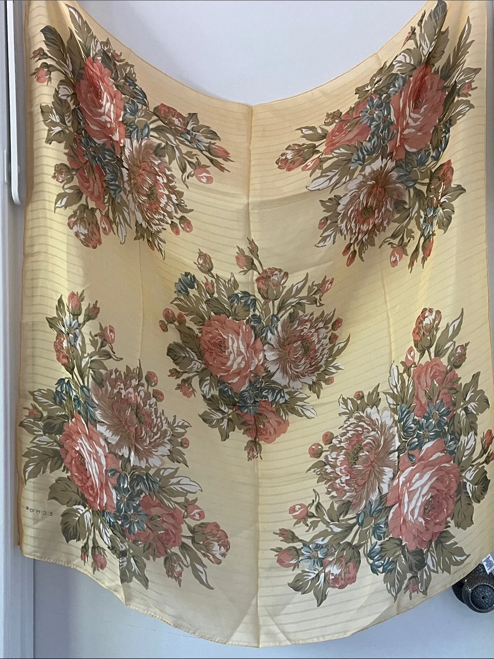 Vintage Echo Silk Scarf Sheer Floral Yellow 34x36 Cottagecore Romantic Square